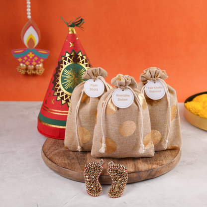 Open Diwali Ka Anaar Gift Box in cracker shape with festive potlis and reusable keepsake design.